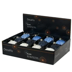 Lot de 12 boules de Noël en verre (D80 mm) Torsades Bleu et blanc