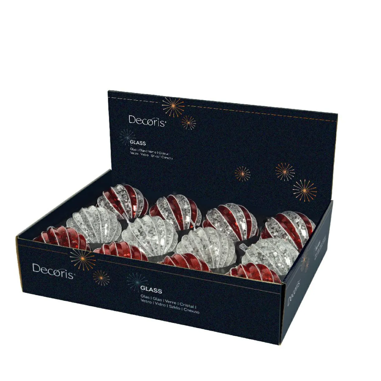 Lot de 12 boules de Noël en verre (D100 mm) Sequins festifs Argent et rouge