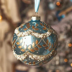 Lot de 2 boules de Noël en verre (D100 mm) Perle glacée Bleu