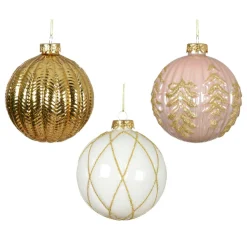 Lot de 12 boules de Noël en verre (D100 mm) Rêverie Or, rose et blanc