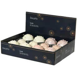 Lot de 12 boules de Noël en verre (D80 mm) Charme et perle Blanc laine et rose poudré