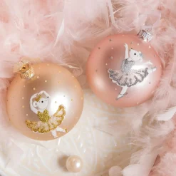 Lot de 6 boules de Noël en verre (D80 mm) Ballerines Rose et perle