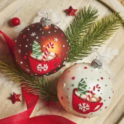 Lot de 6 boules de Noël en verre (D80 mm) Chocolat chaud Blanc et brun café