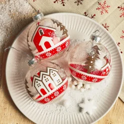 Lot de 12 boules de Noël en verre (D80 mm) Villages enneigés Rouge et blanc