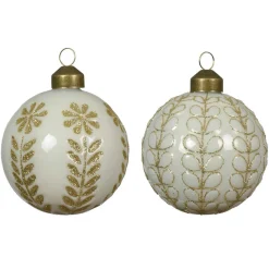 Lot de 12 boules de Noël en verre (D80 mm) Ornements Blanc laine et or