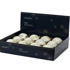 Lot de 12 boules de Noël en verre (D80 mm) Ornements Blanc laine et or