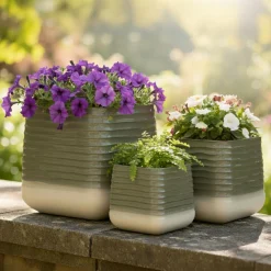 Lot de 3 cache-pots d'extérieur carrés (H49-37-27 cm) Jamie Gris et beige