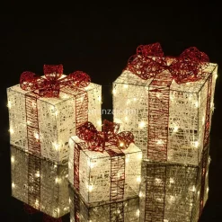 Lot de 3 cadeaux lumineux 65 LED (H25 cm) Santa blanc et Blanc chaud