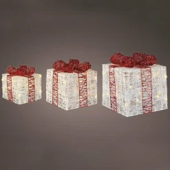 Lot de 3 cadeaux lumineux 65 LED (H25 cm) Santa blanc et Blanc chaud