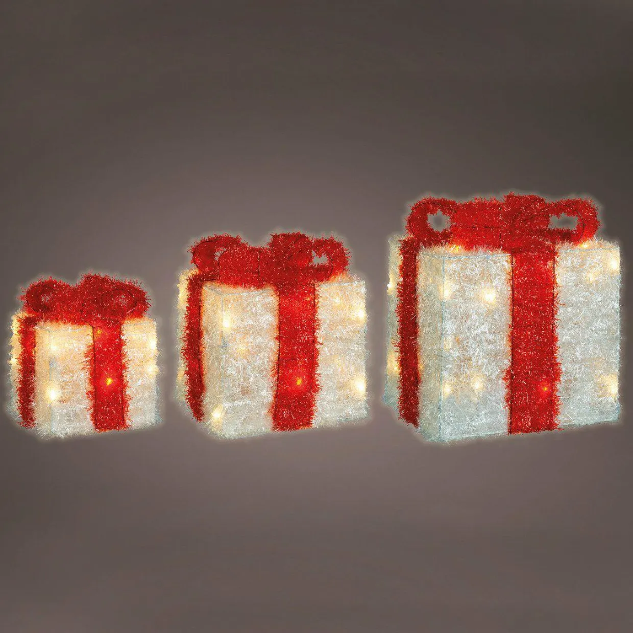 Lot de 3 cadeaux lumineux à piles 65 LED (H30 cm) Ruban Rouge et Blanc chaud