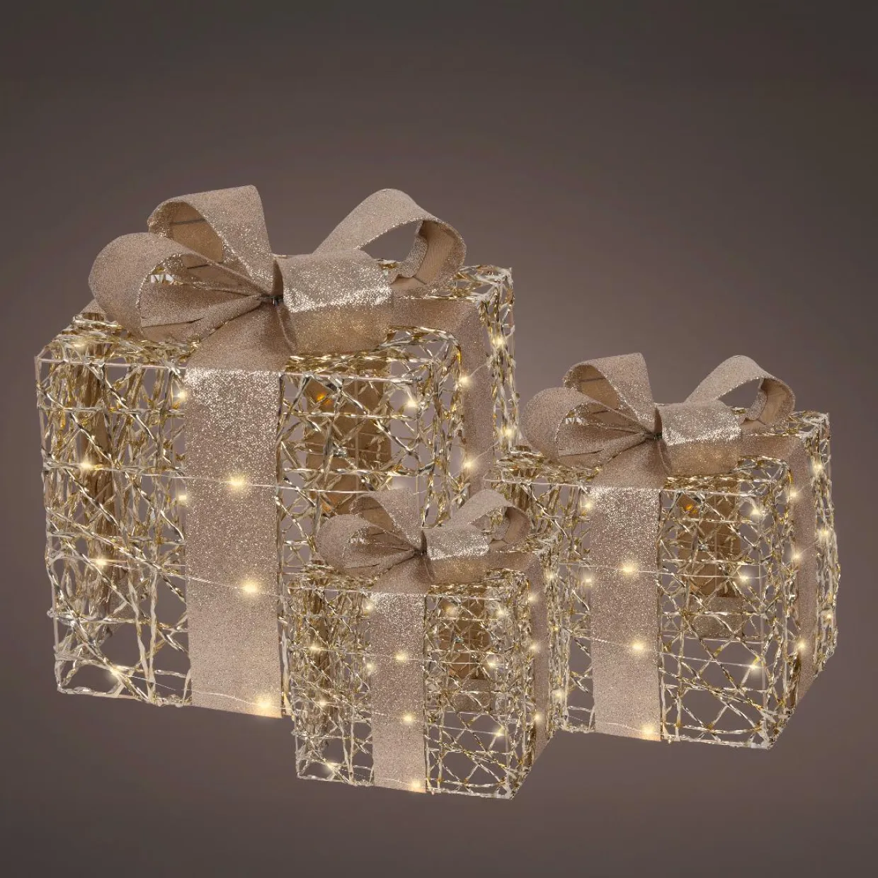 Lot de 3 cadeaux lumineux à piles 30 LED (H30 cm) Féerie Or et Blanc chaud