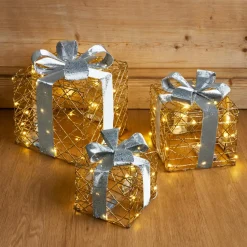 Lot de 3 cadeaux lumineux à piles 90 LED (H29 cm) Festif Or et blanc chaud