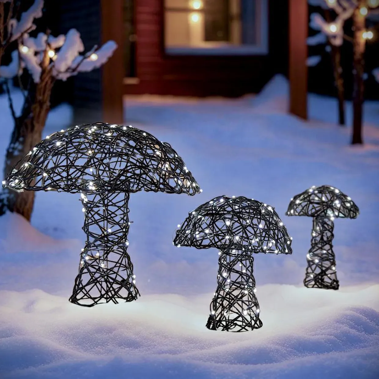 Lot de 3 champignons lumineux 260 Micro LED (H45 cm) Résine tressée Brun/Blanc chaud