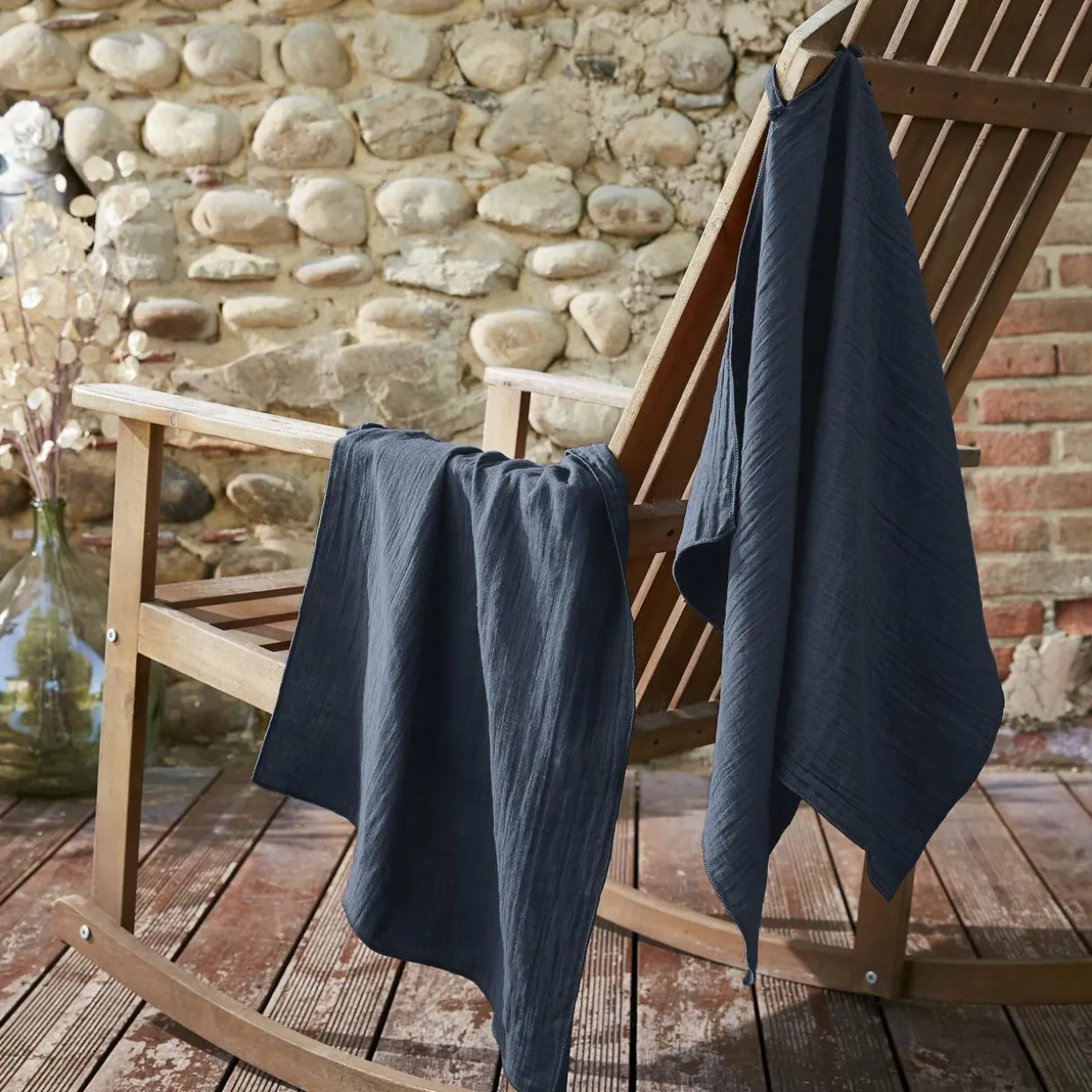 Lot de 2 essuie-mains gaze de coton (70 cm) Gaïa Bleu nuit