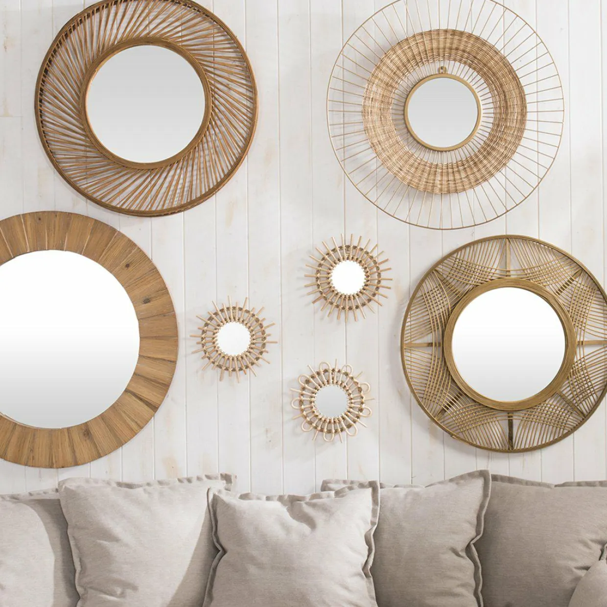 Lot de 3 miroirs (D28 cm) Soleil Rotin Naturel