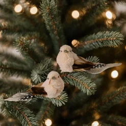 Lot de 2 Oiseaux sur pince (L12 cm) Plume nature Marron et crème
