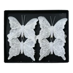 Lot de 4 Papillons sur pince (H8 cm) Éclats et perles Blanc d'hiver