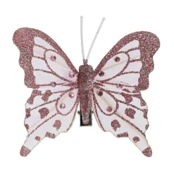 Lot de 4 Papillons sur pince (H8 cm) Éclats et perles Rose poudré
