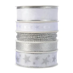 Lot de 5 rubans de Noël 3 m - Satin et étoiles Argent