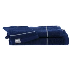 Lot de serviettes de bain 50x90 cm + 70x130 cm + 1 gant de toilette Japandi Bleu marine et argent