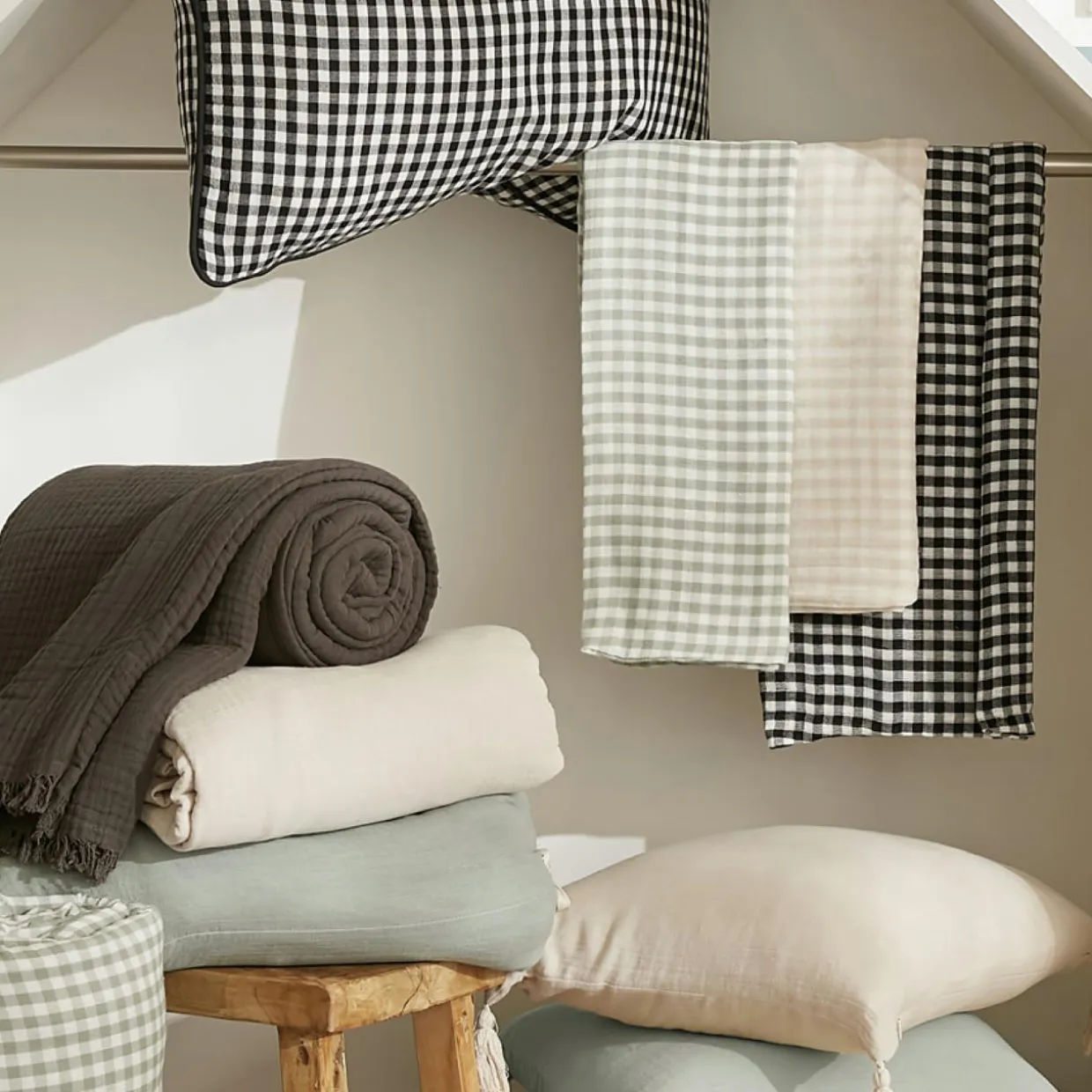 Lot de 3 serviettes gaze de coton (40 x 40 cm) Gaïa vichy Noire