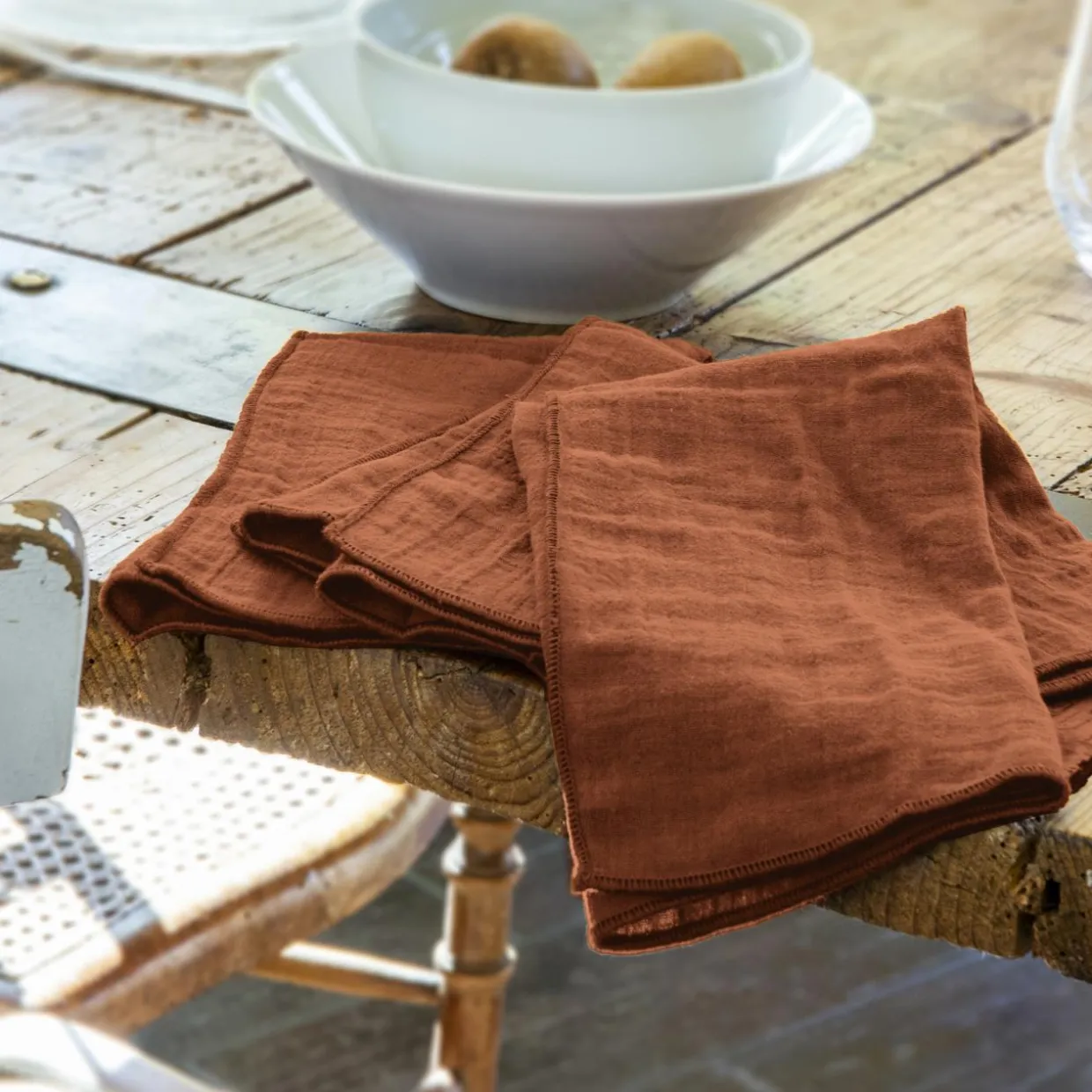 Lot de 3 serviettes gaze de coton (40 x 40 cm) Gaïa Terracotta