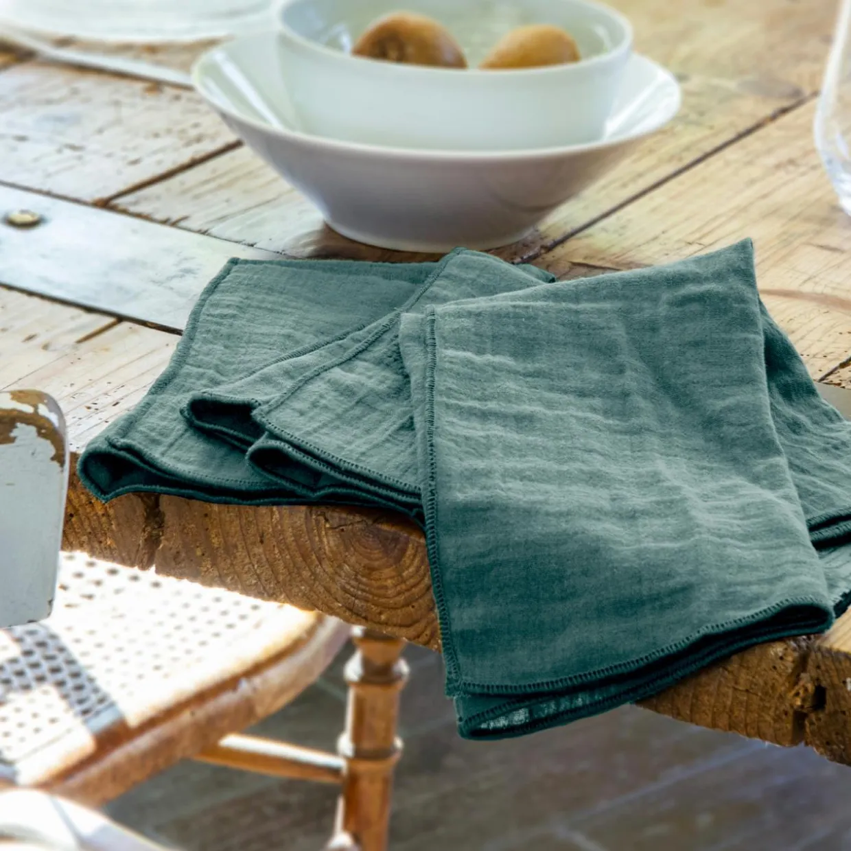 Lot de 3 serviettes gaze de coton (40 x 40 cm) Gaïa Bleu canard
