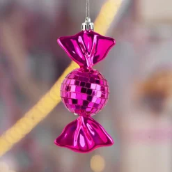 Lot de 3 Suspensions de Noël en Mousse (H12 cm) Bonbons Disco Rose fushia