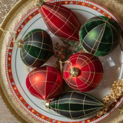 Lot de 12 suspensions de Noël en verre (D80 mm) Velours Rouge et vert