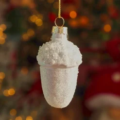 Lot de 6 suspensions de Noël en verre (H6 cm) Glands de chêne Blanc givré