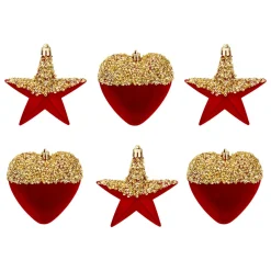 Lot de 6 suspensions (H15 cm) Cœurs et étoiles paillettes Rouge et Or