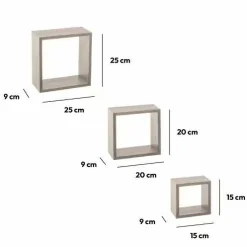 Lot de 3 étagères bois (H15-20-25 cm) Cube Gris