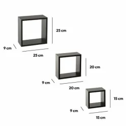 Lot de 3 étagères bois (H15-20-25 cm) Cube Noir