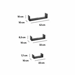 Lot de 3 étagères murales en bois (L22-32-42 cm) Bord Noir