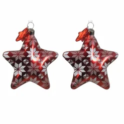 Lot de 2 étoiles de Noël à suspendre en verre (H8 cm) Floconées Rouge