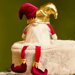 Lutin de Noël jambes souples (H39 cm) Arlequin Bordeaux et doré