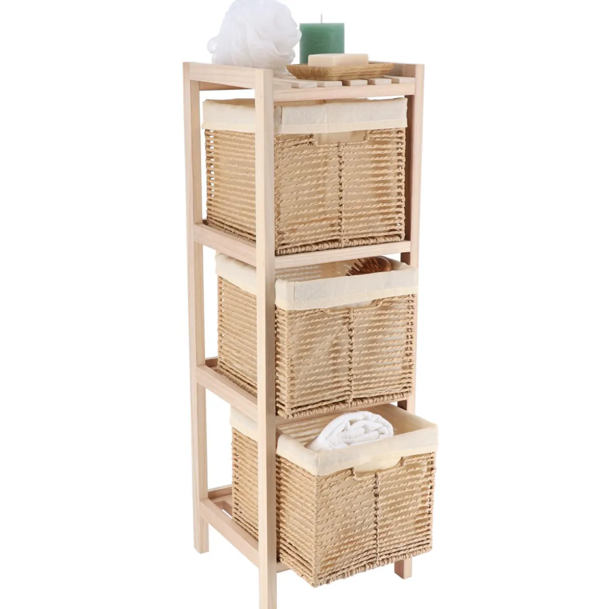 Meuble de rangement 3 paniers (H77 cm) Paulownia Beige