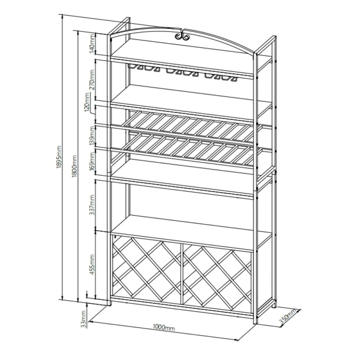 Meuble range-bouteilles industriel 32 emplacements et porte-verres (H180 cm) Marceau Marron