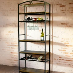 Meuble range-bouteilles industriel 12 emplacements et porte-verres (H180 cm) Pablo Marron