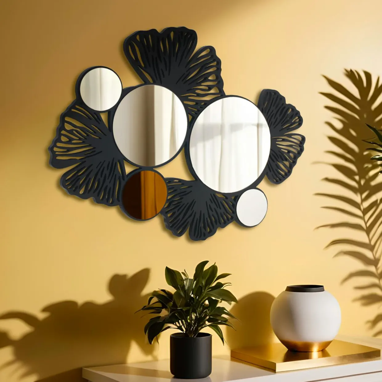 Miroir et décoration murale en bois (77 cm) Ginkgo Noir