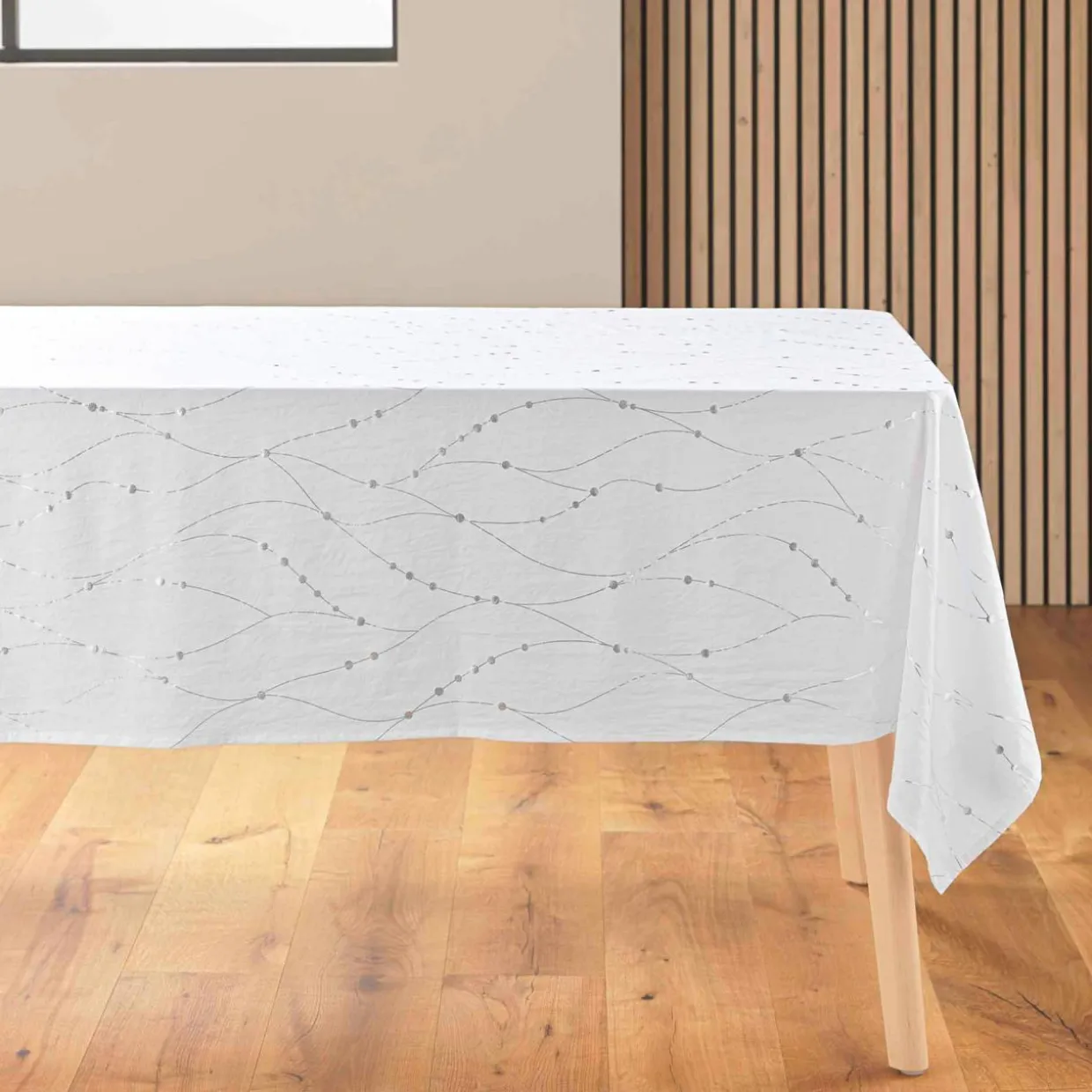 Nappe de Noël rectangulaire (140 x 240 cm) Astrelia Blanc et argent