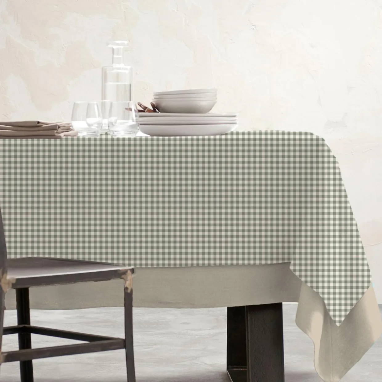 Nappe rectangulaire coton enduit (150 x 350 cm) Vichy Vert sauge