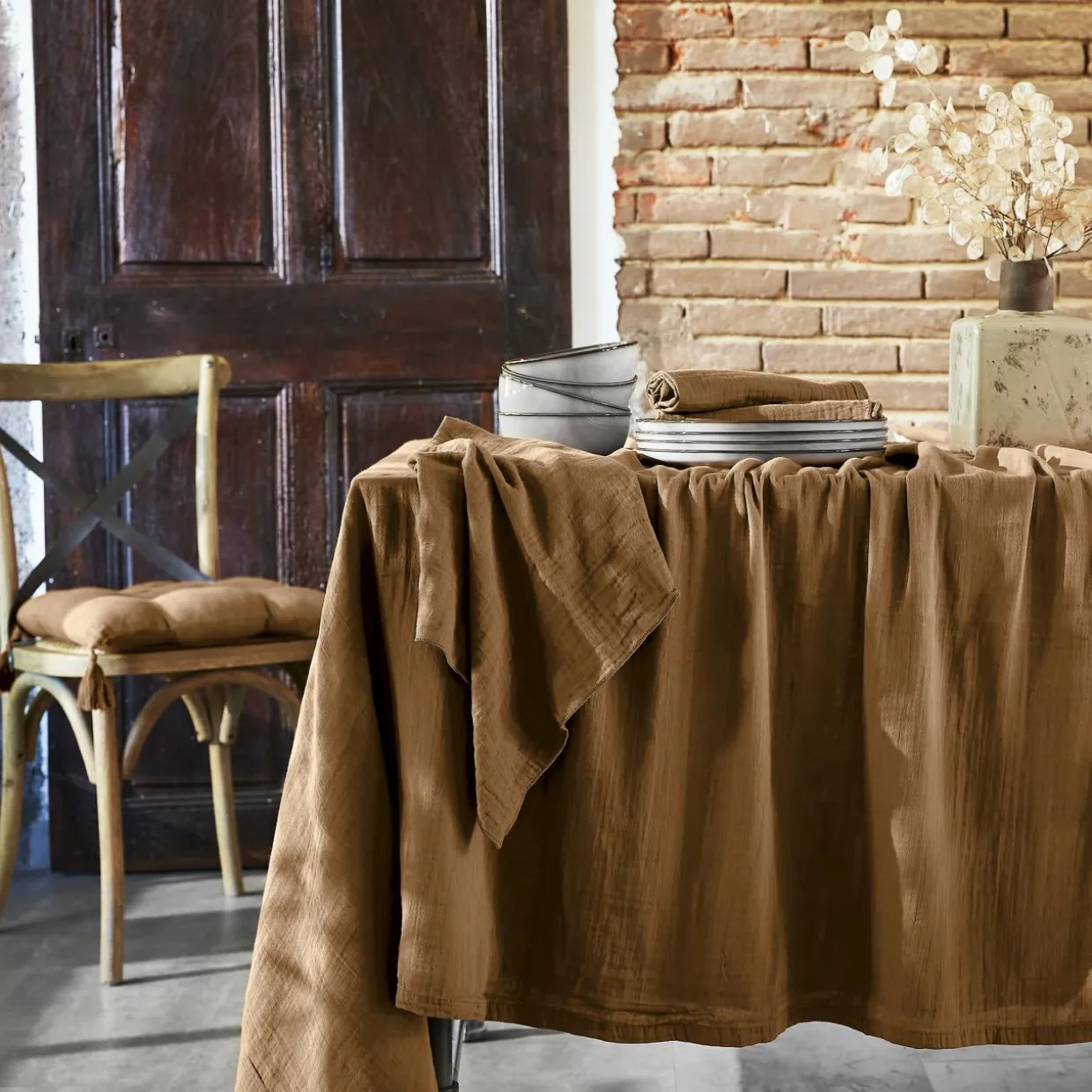 Nappe rectangulaire gaze de coton (150 x 350 cm) Gaïa Camel