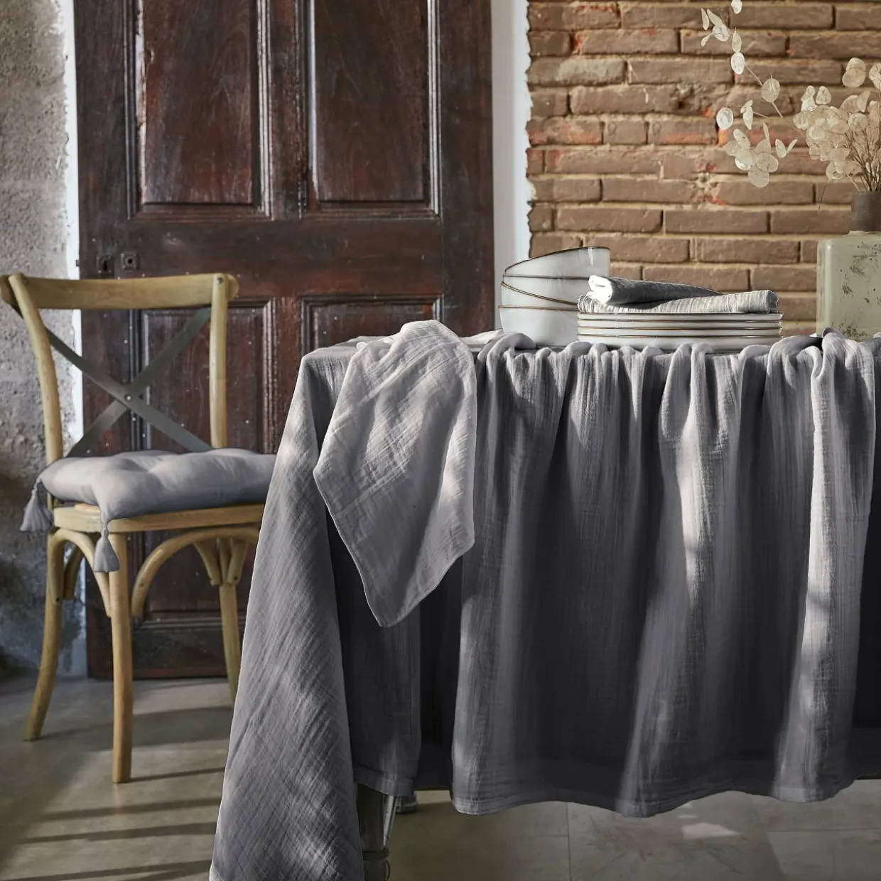 Nappe rectangulaire gaze de coton (150 x 250 cm) Gaïa Gris granit