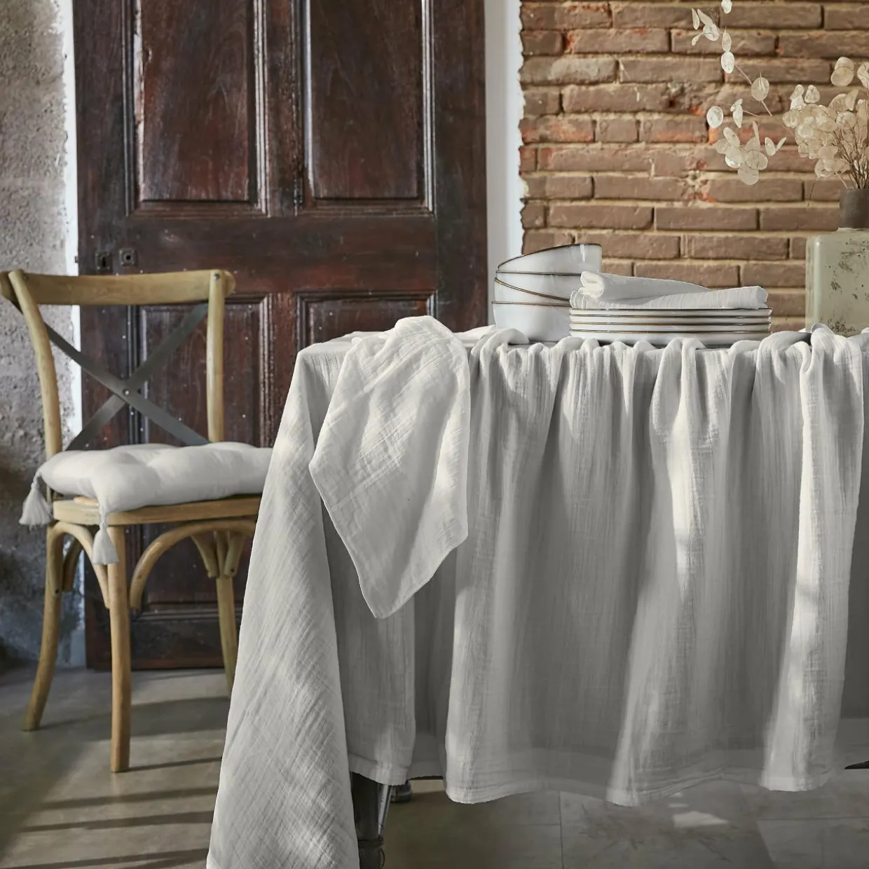 Nappe rectangulaire gaze de coton (150 x 350 cm) Gaïa Gris nuage