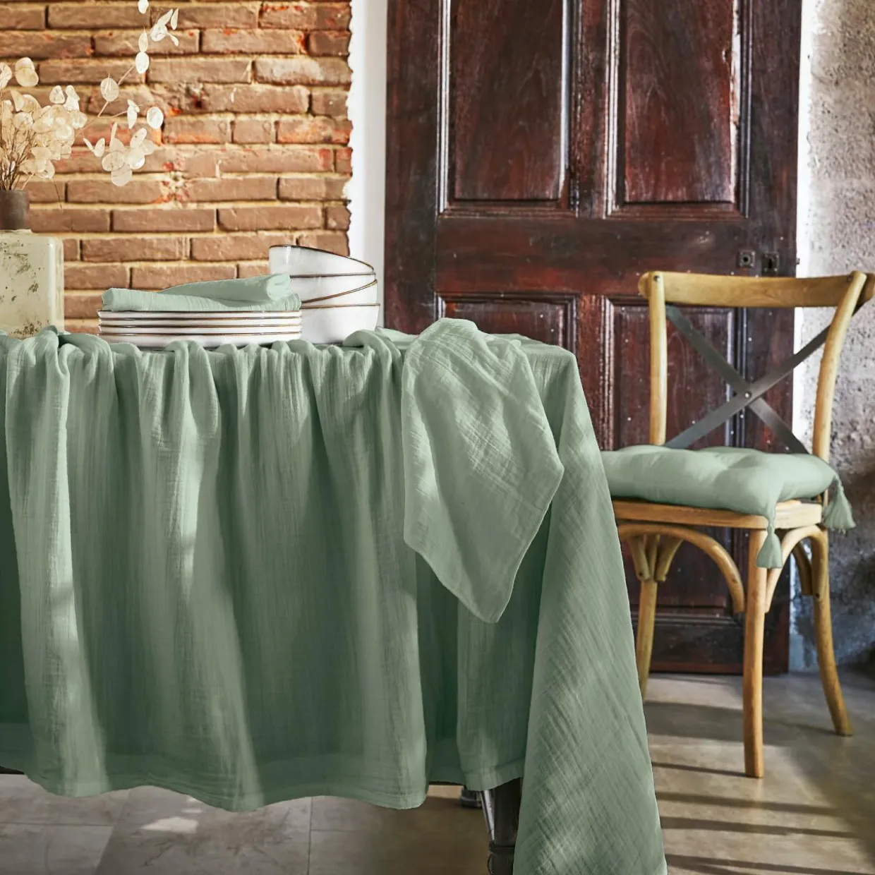 Nappe rectangulaire gaze de coton (150 x 250 cm) Gaïa Vert eucalyptus