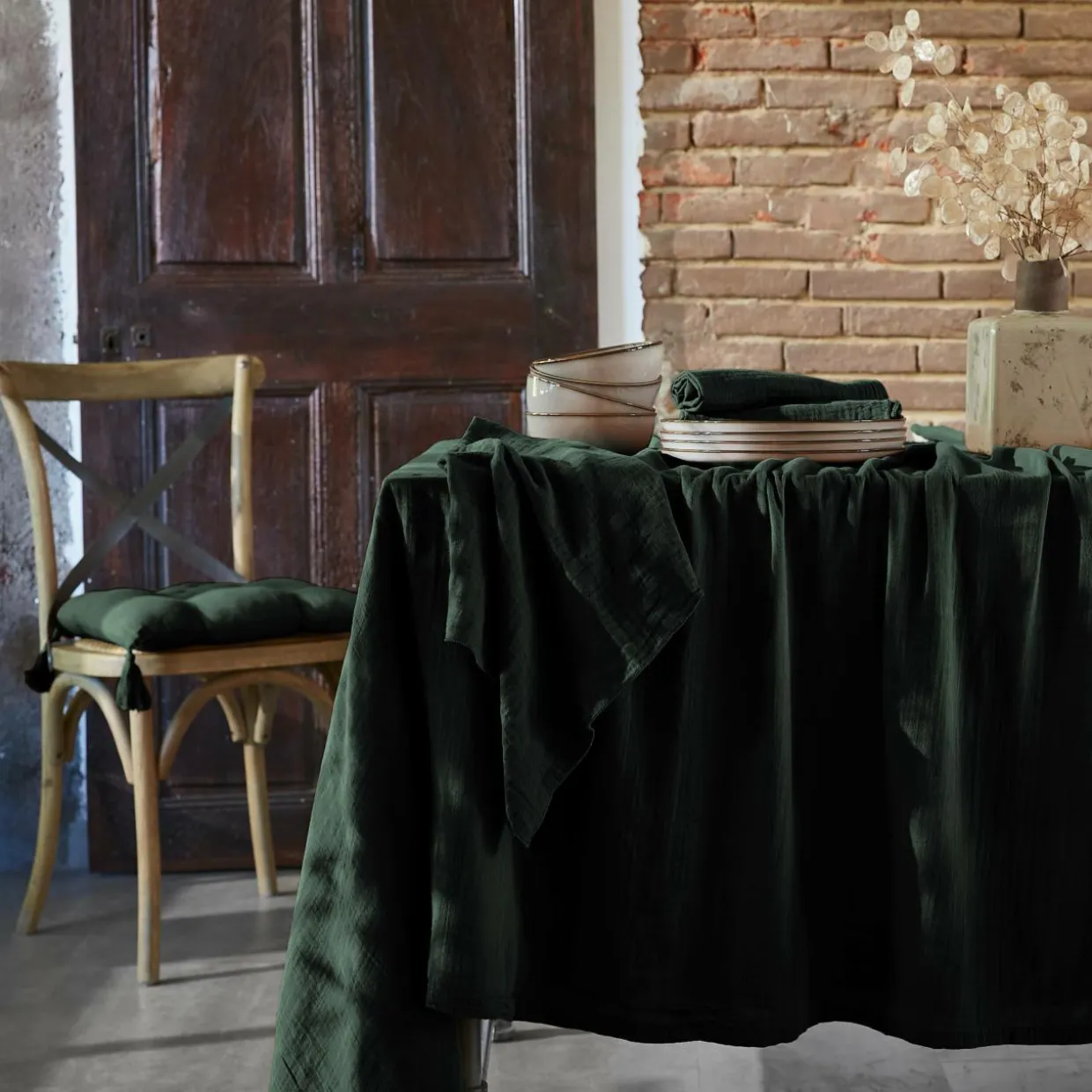 Nappe rectangulaire gaze de coton (150 x 250 cm) Gaïa Vert sapin