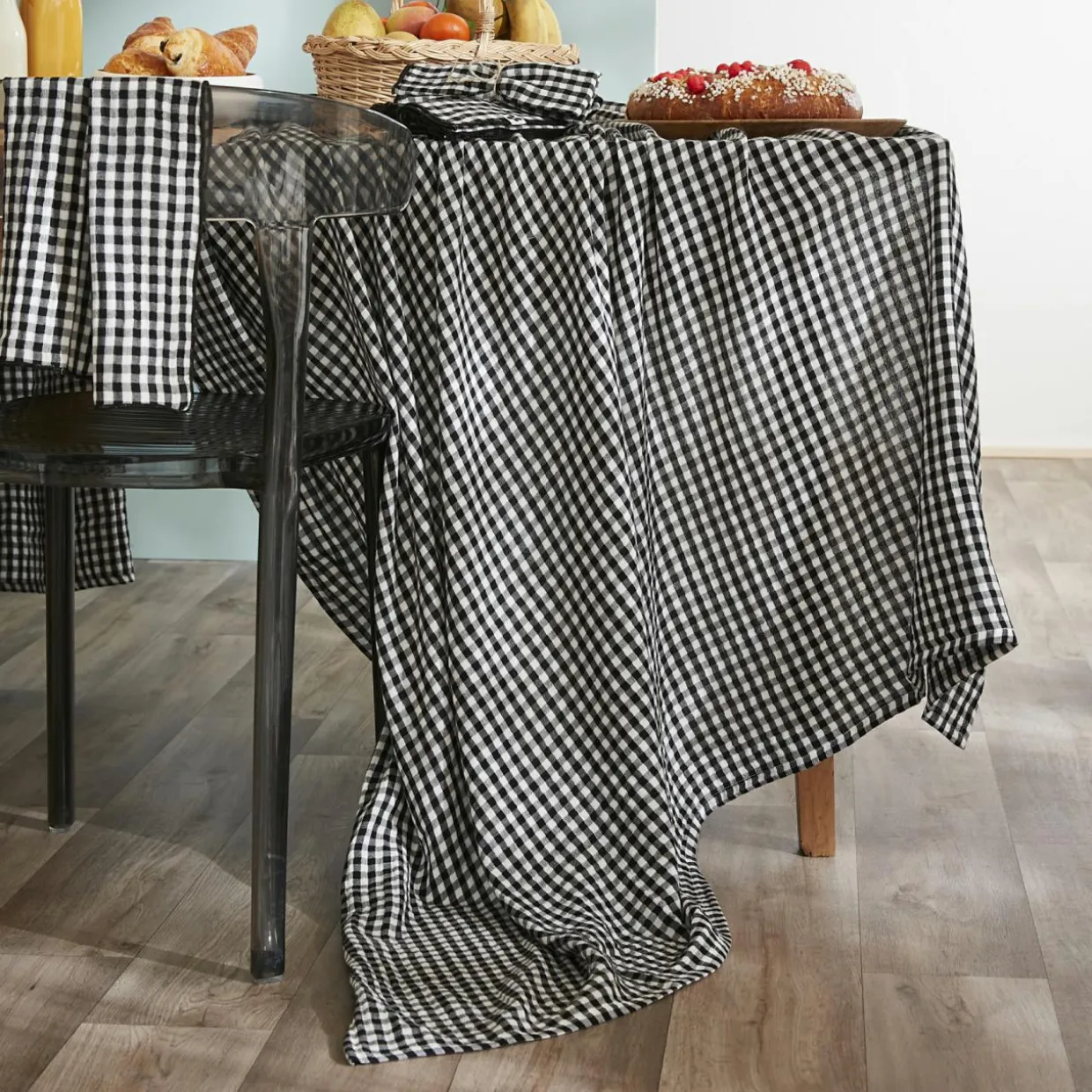 Nappe rectangulaire gaze de coton (150 x 250 cm) Gaïa vichy Noire