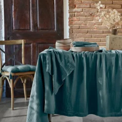 Nappe rectangulaire gaze de coton (150 x 250 cm) Gaïa Bleu canard