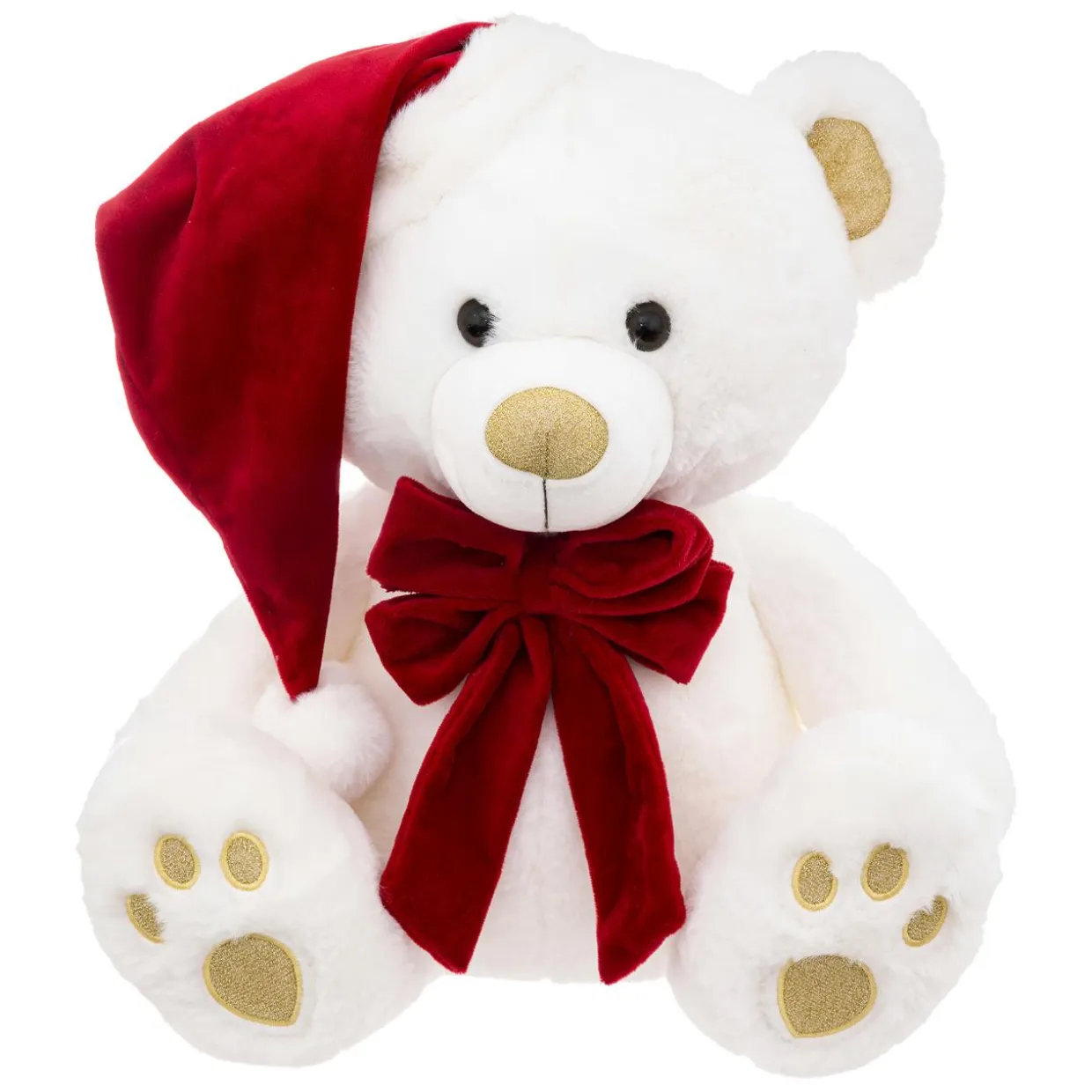 Ours en peluche (H50 cm) Jules et nœud velours Blanc et rouge